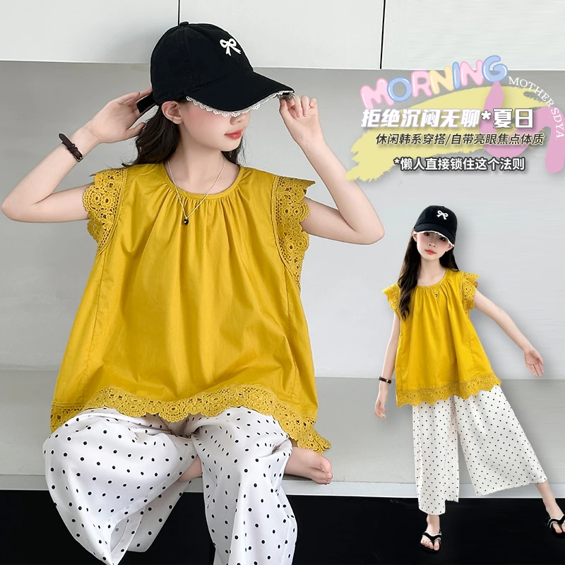 夏季薄款女波点亲子提花背心套装女孩Y3K少女风