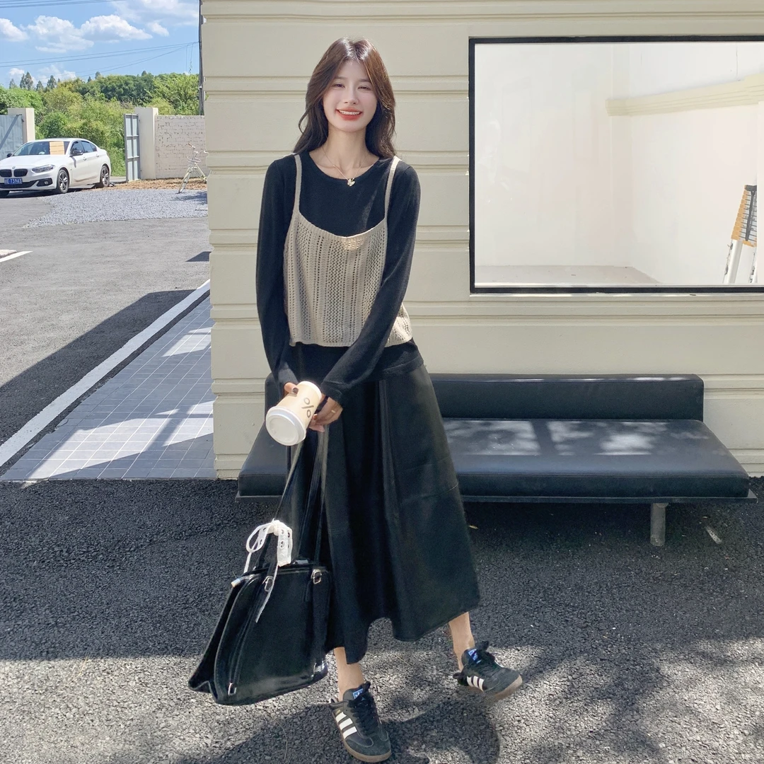 韩系复古chic套装女2025早秋新款针织吊带打底衫PU皮半身裙三件套