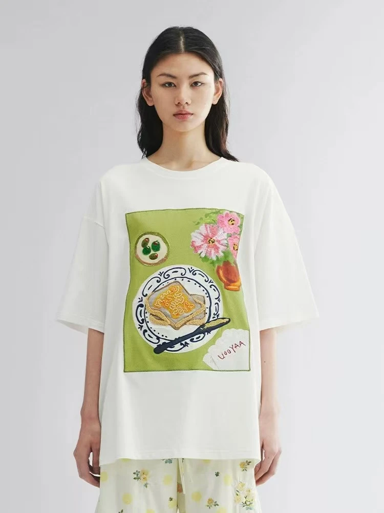 UOOYAA/乌丫2025秋季新款「爱与食物」土司橄榄早餐T恤1799