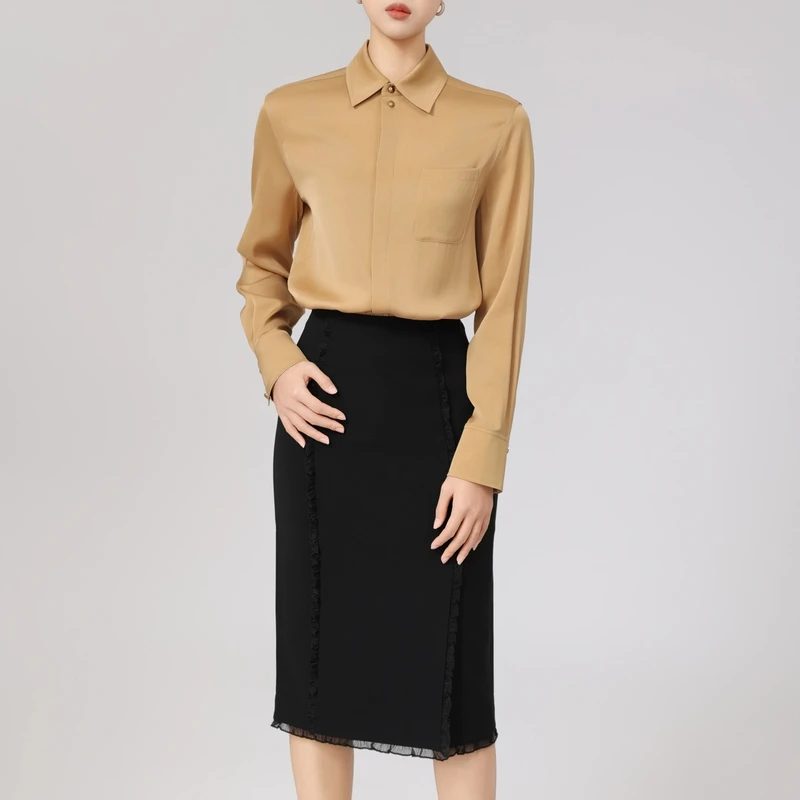 AMASS/阿玛施新款经典长袖衬衫时尚气质丝质翻领百搭衬衣 530048