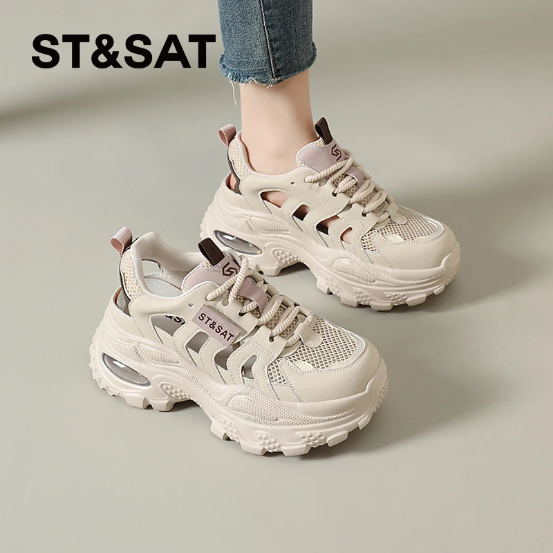 星期六夏天运动凉鞋女款2025新款夏季百搭运动鞋镂空薄款老爹鞋女
