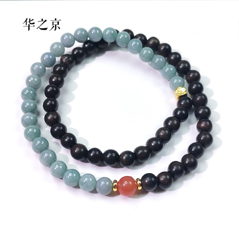 【华之京】黑檀木+蓝水翡翠双圈手串 男女同款8mm