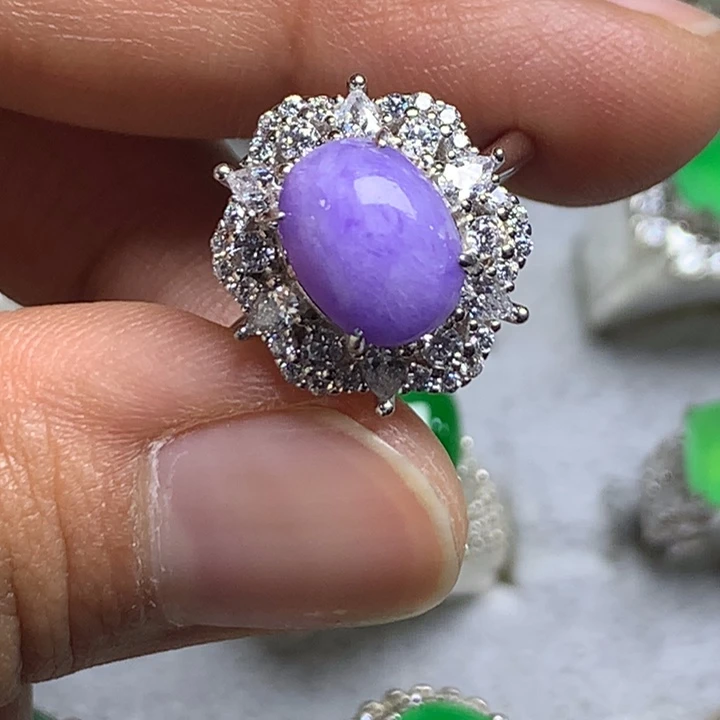 翡翠未镶嵌戒指妖紫戒指银托镶嵌，可直接佩戴