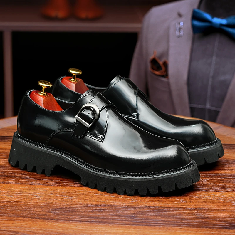 【直播专属】男士漆皮亮面头层牛皮发泡大底金属搭扣休闲皮鞋增高