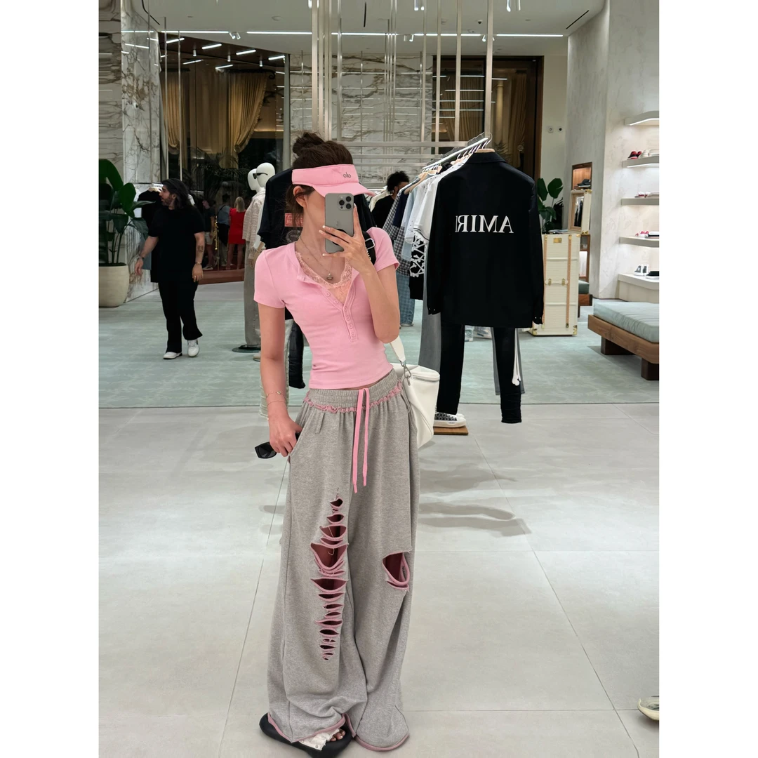 【婉君W】夏季时尚ins风高街百搭宽松破洞休闲阔腿裤 LWJ25B2K1758