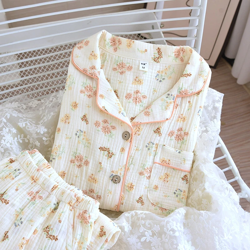 【春日雏菊】双层纱布睡衣女款A类纯棉长袖翻领100%全棉家居服套装