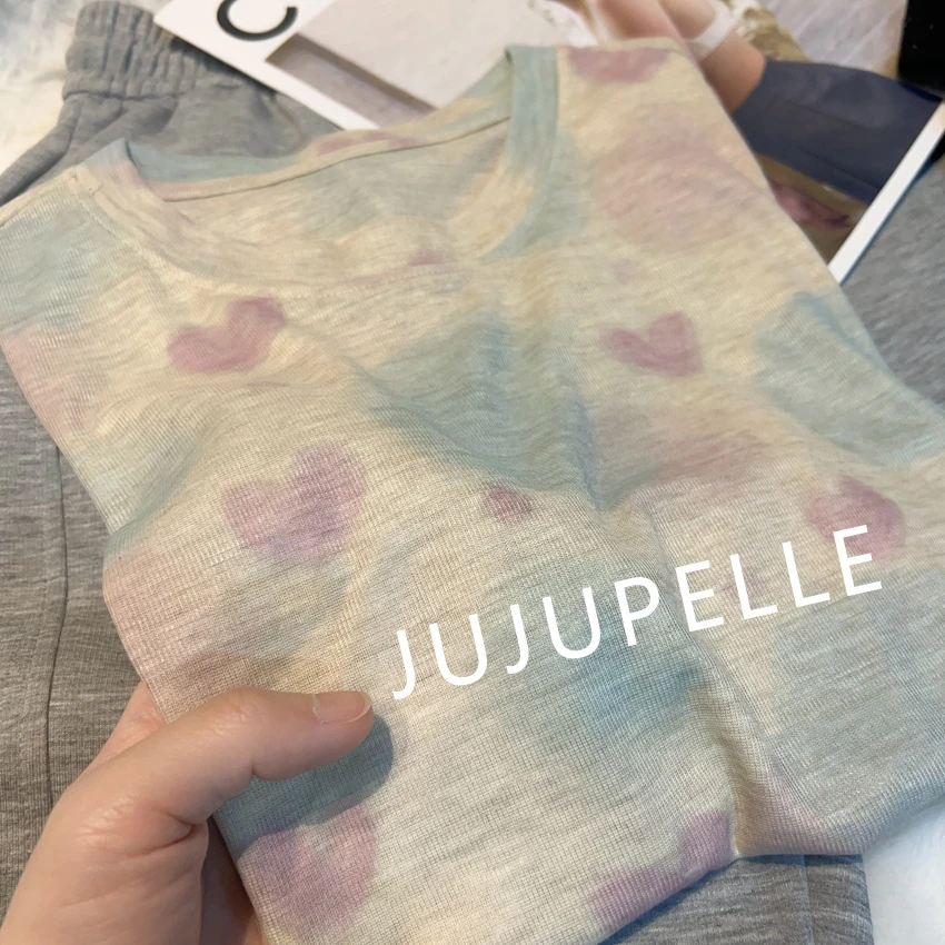 【田园少女心】超凉爽~2025夏季新款碎花爱心扎染减龄短袖女打底T恤