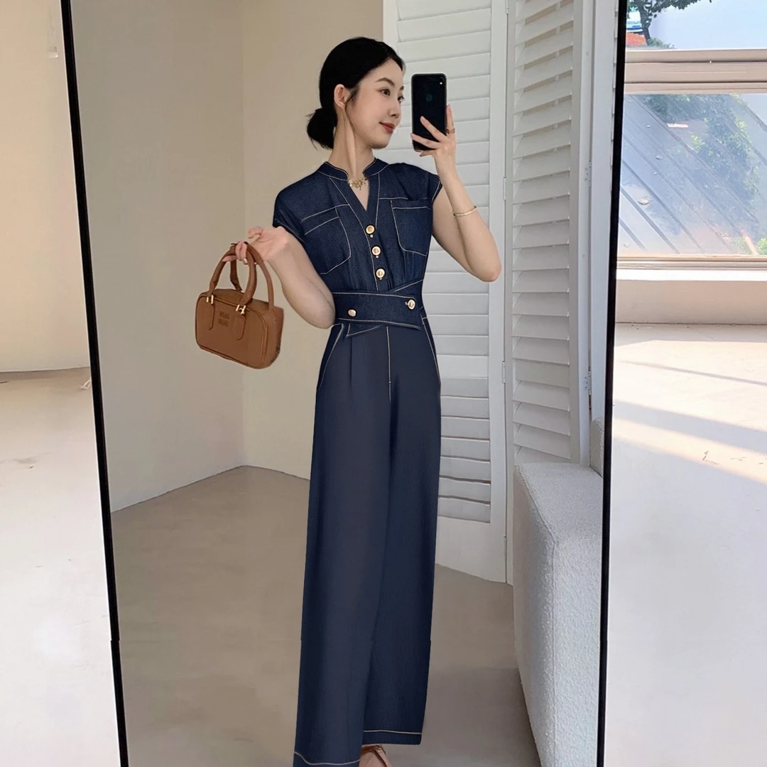 A【两件套】夏季2025新款休闲收腰显瘦气质时尚高腰减龄阔腿裤D2129