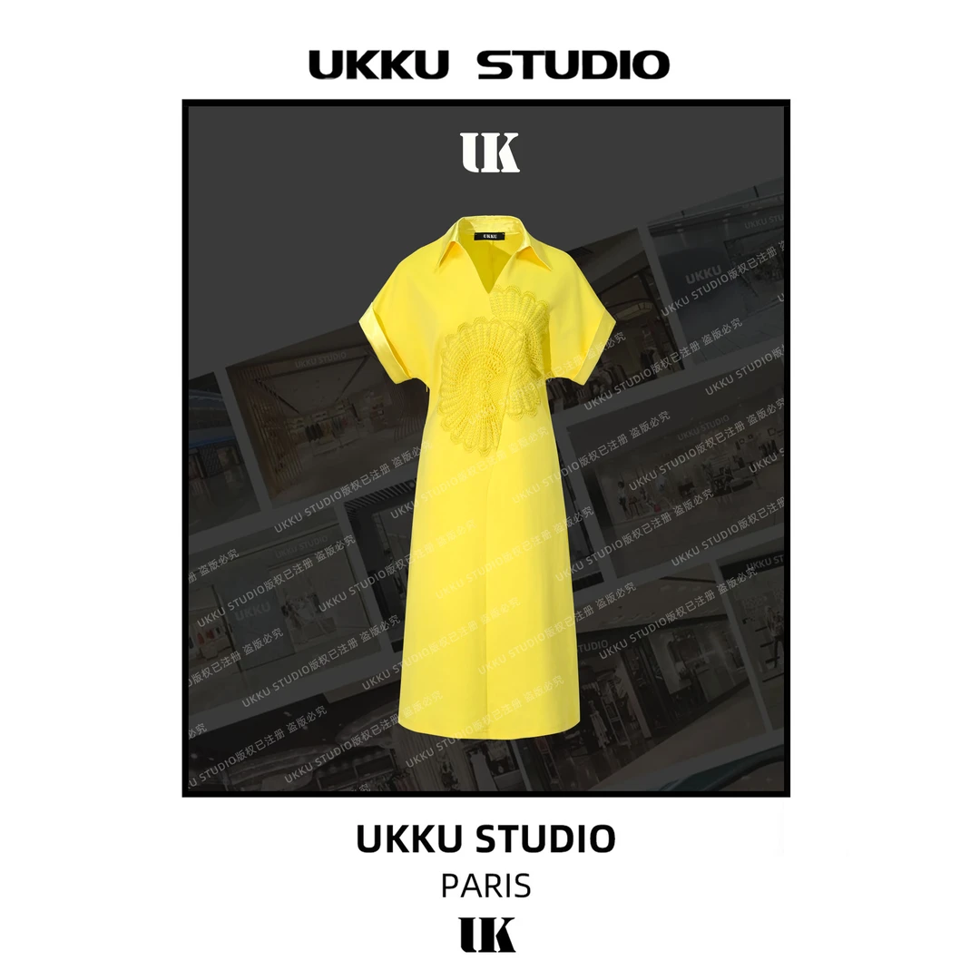 尧尧【UKKUSTUDIO】2025夏季新款翻领蕾丝拼接不规则裙子614019