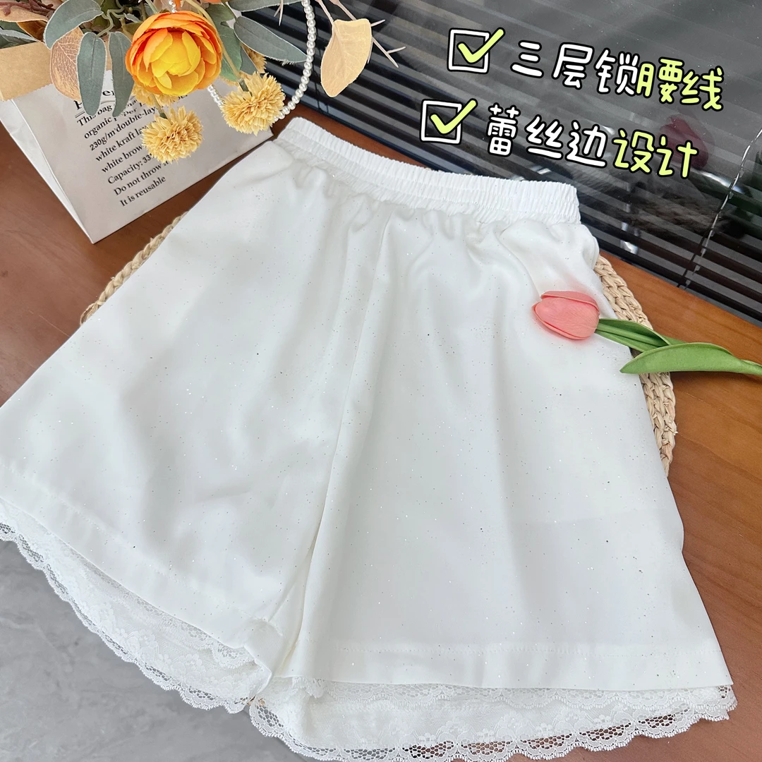 新款时尚百搭细闪气质休闲花边松紧腰短裤250514