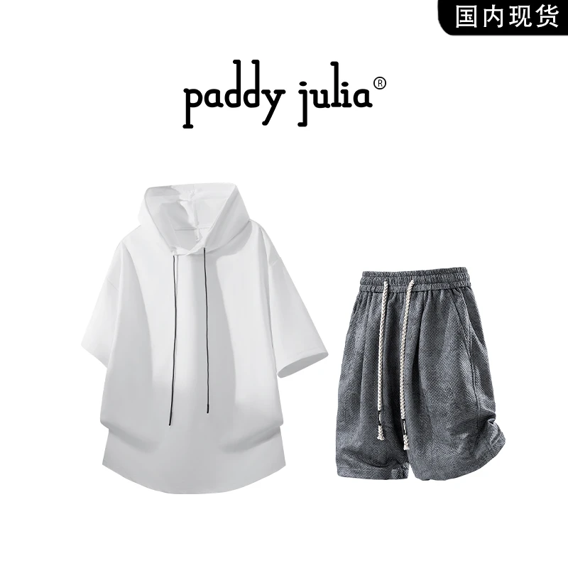 Paddy julia休闲服套装男款夏季轻薄款连帽短袖t恤扎染短裤两件套