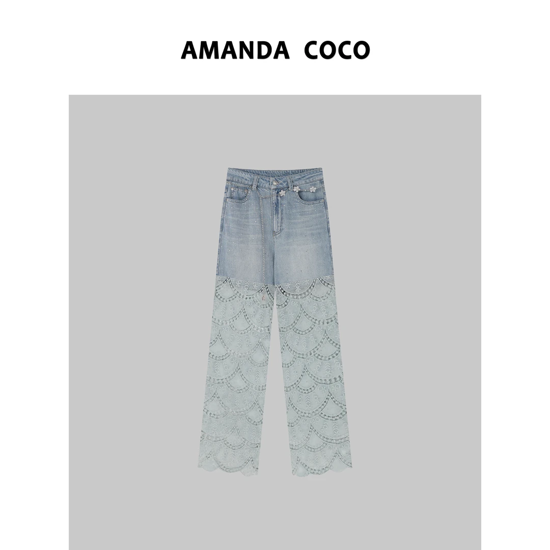 AMANDACOCO 奈奈 | 春夏重工烫钻镂空蕾丝拼接休闲直筒牛仔裤