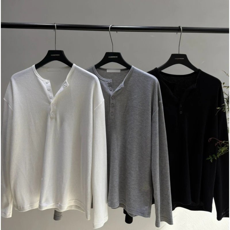21001 新款华夫格亨利领长袖薄款T恤宽松百搭休闲打底衫