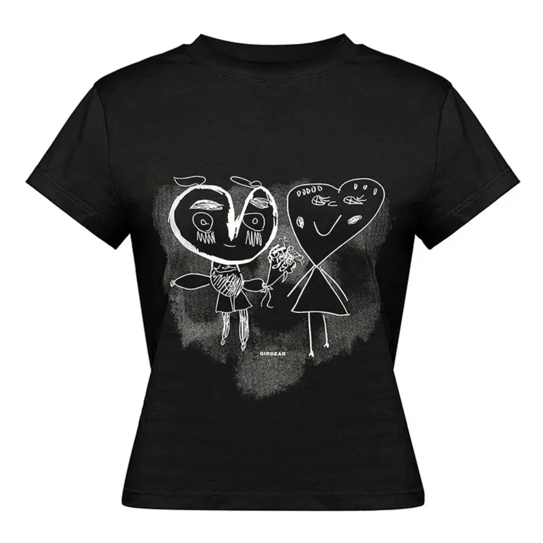 GIRDEAR/哥弟酷飒极简高级感圆领印花宽松休闲黑色短袖T恤1300996