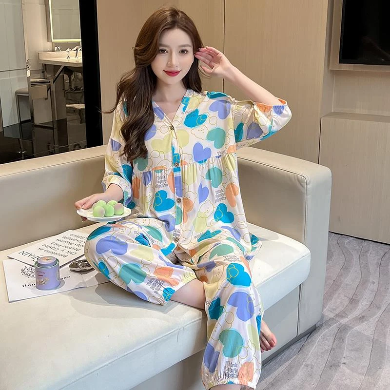 春秋款棉绸睡衣女夏季薄款大码宽松七分袖家居服开衫套装年轻外穿