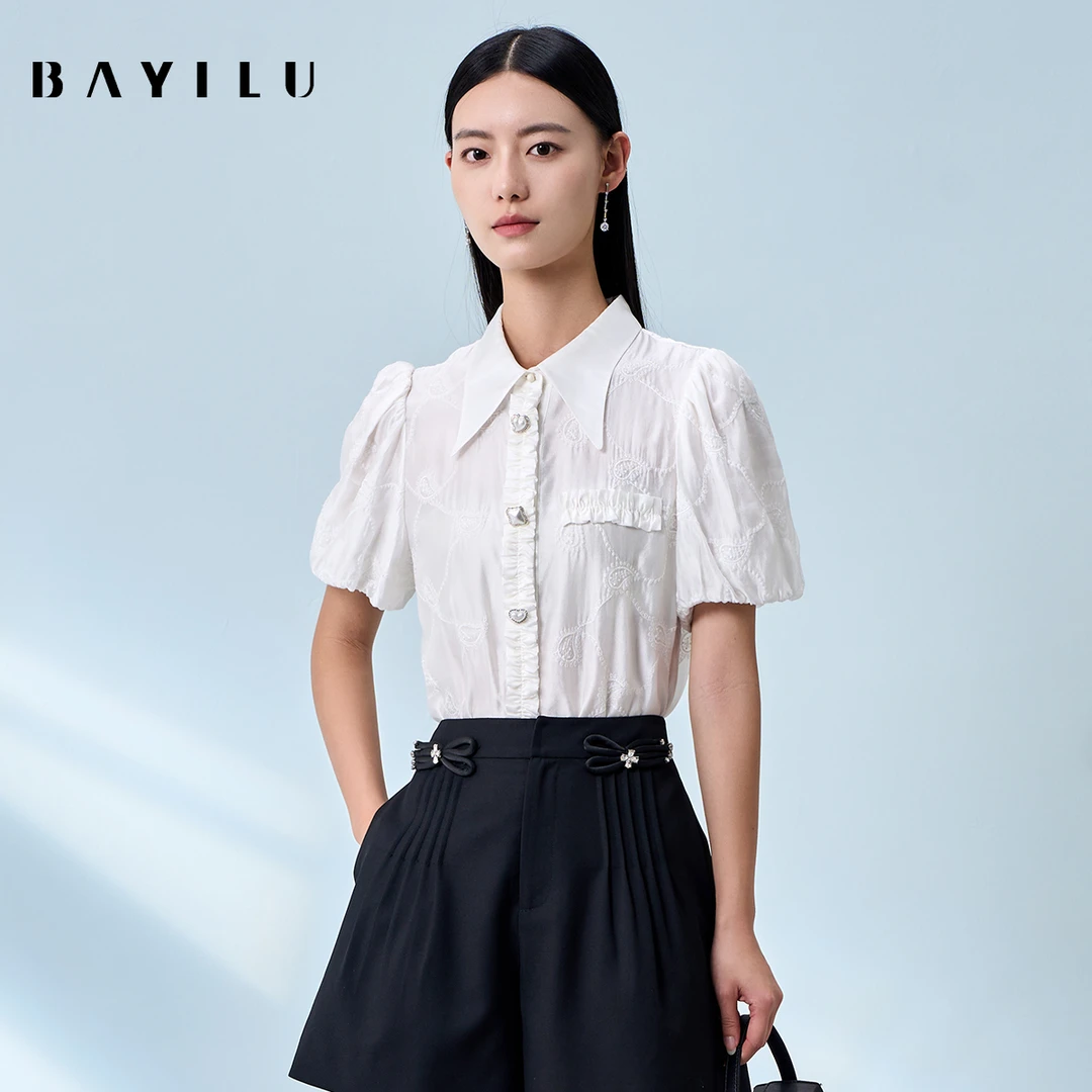 【田心】芭依璐夏季衬衫女法式复古泡泡袖尖领衬衣90C0025