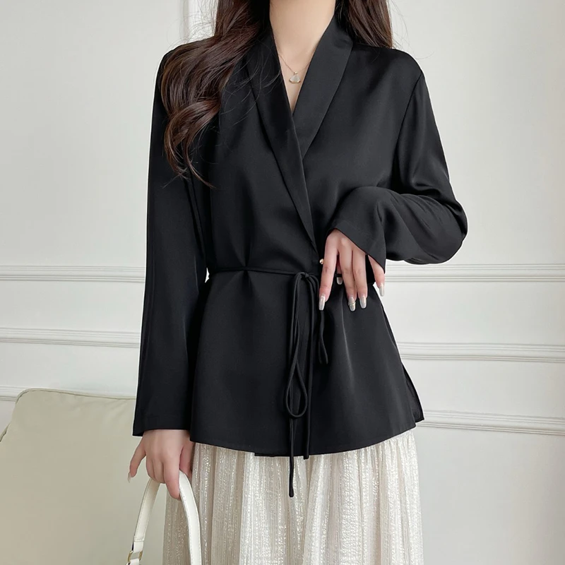 30姆米重磅真丝西装外套女100%桑蚕丝系带显瘦设计一粒扣西装上衣