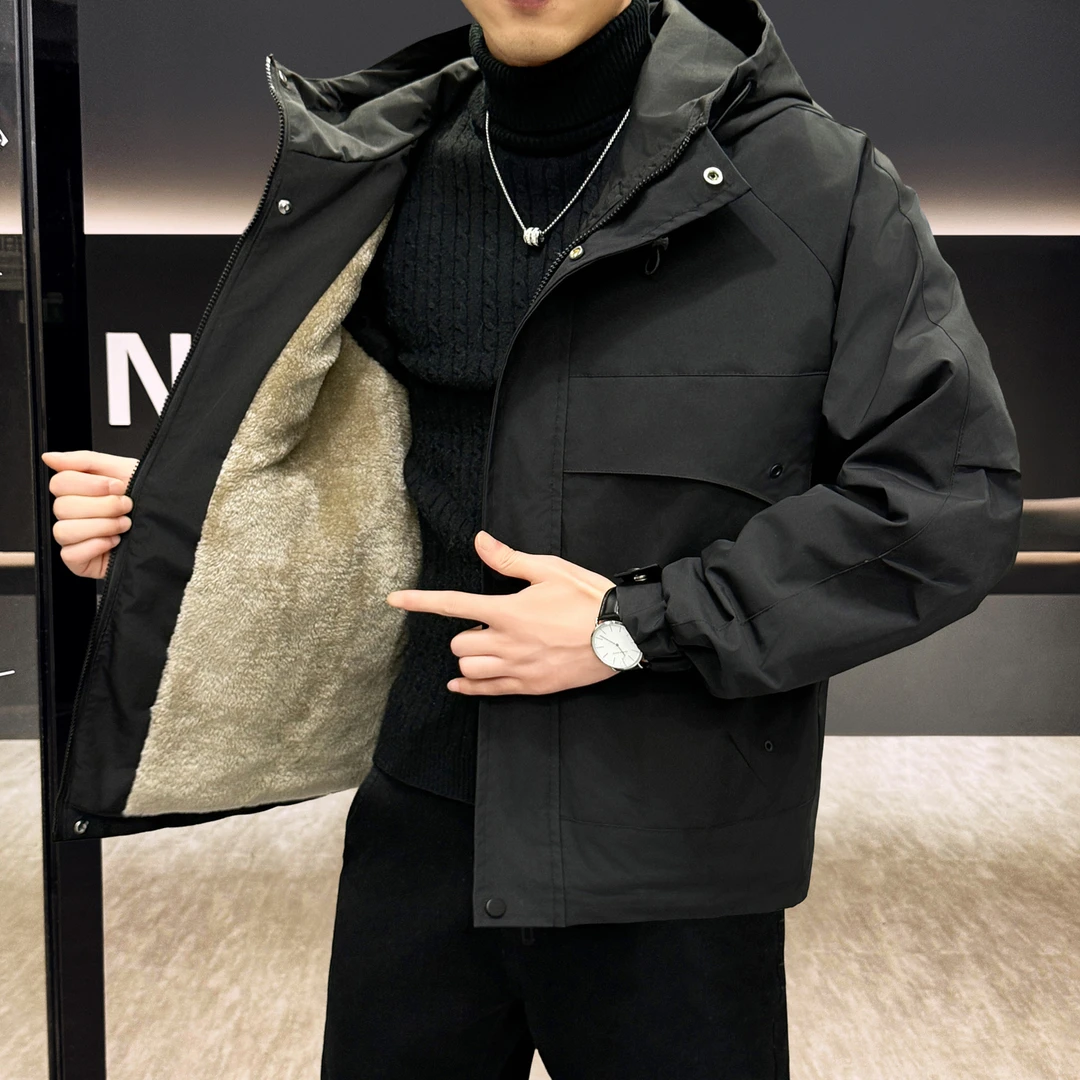 设计感高级冲锋衣外套男士2025秋冬季加绒加厚连帽棉服防寒棉袄潮