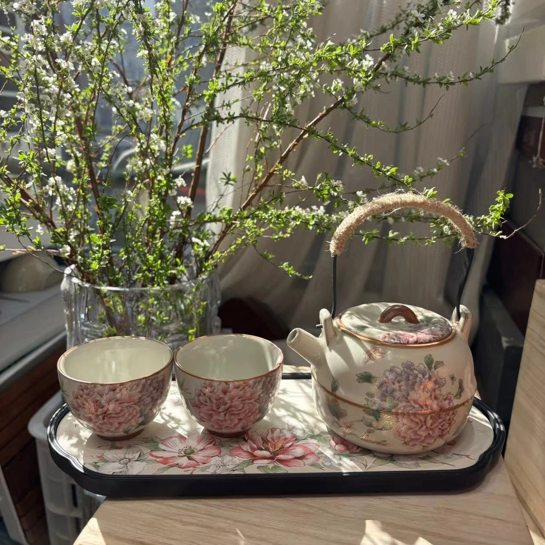 友名 复古陶瓷米黄汝窑富贵牡丹提梁壶一壶两杯小套功夫茶具-2346