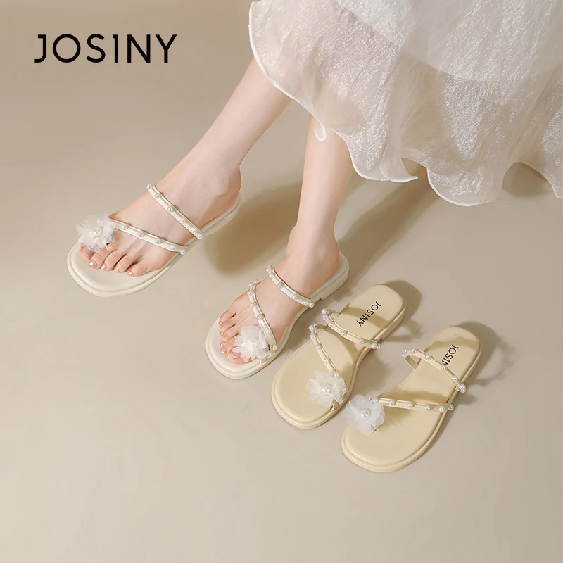 卓诗尼平跟夹趾一字拖女2025夏季新款休闲百搭花朵装饰沙滩凉拖鞋