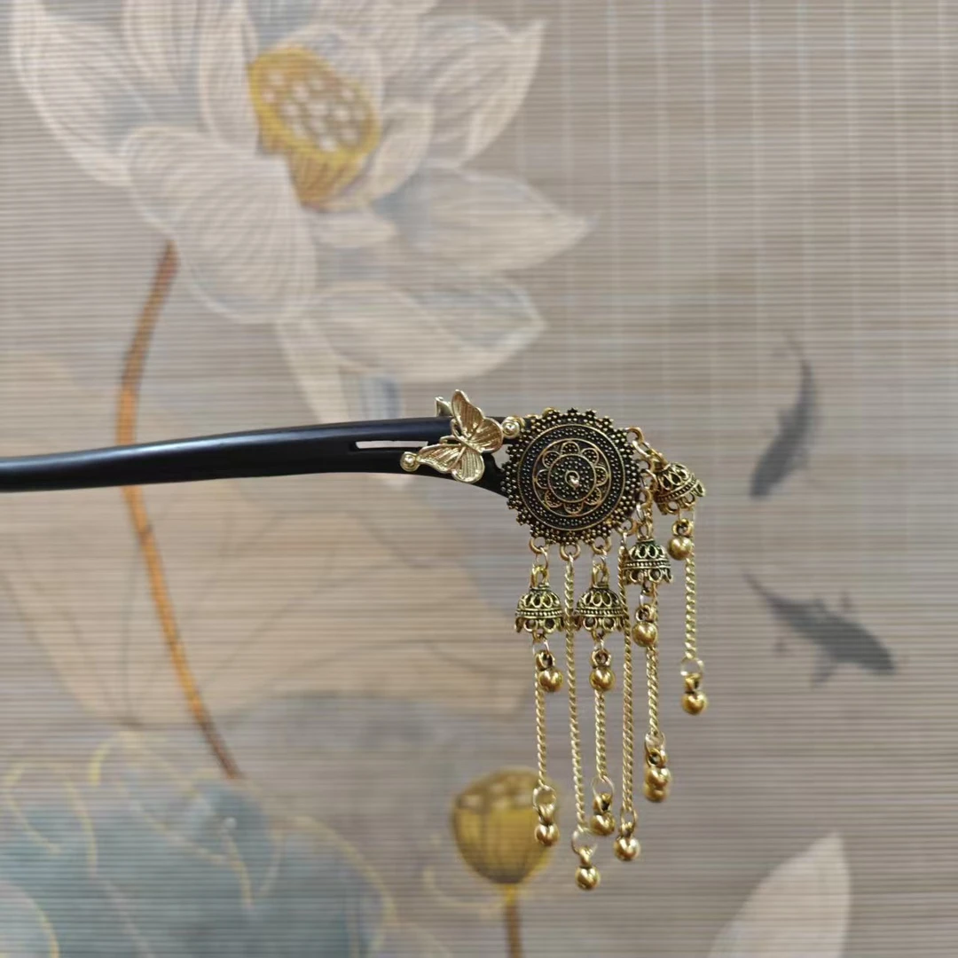 J479金色蝴蝶铃铛18公分发簪手工头饰发饰中式国风簪子百搭木发簪