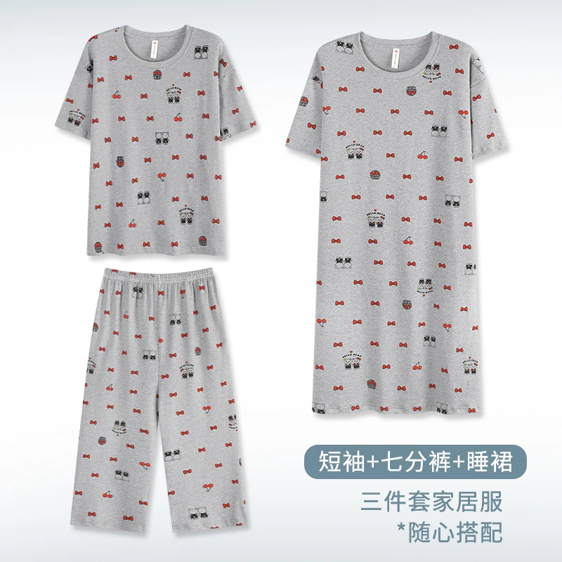 女睡衣春夏季可爱蝴蝶结圆领短袖七分裤睡裙三件套时尚卡通家居服