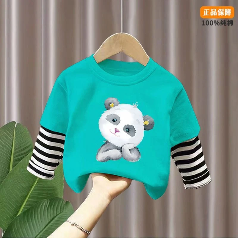纯棉长袖T恤春秋打底杉新款小熊宝宝小中童T恤假两件时尚洋气上衣