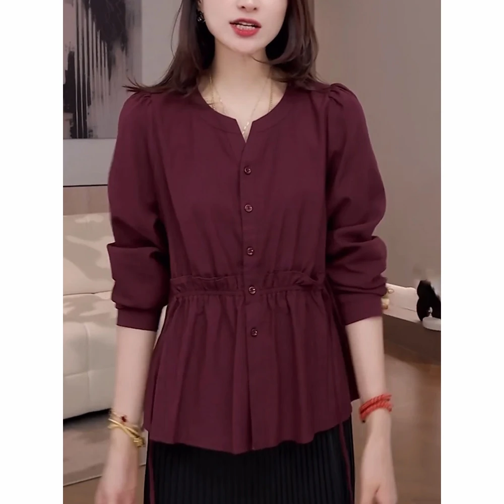 红色V领长袖衬衫女2025秋季新款轻奢高级感洋气减龄显瘦系带上衣