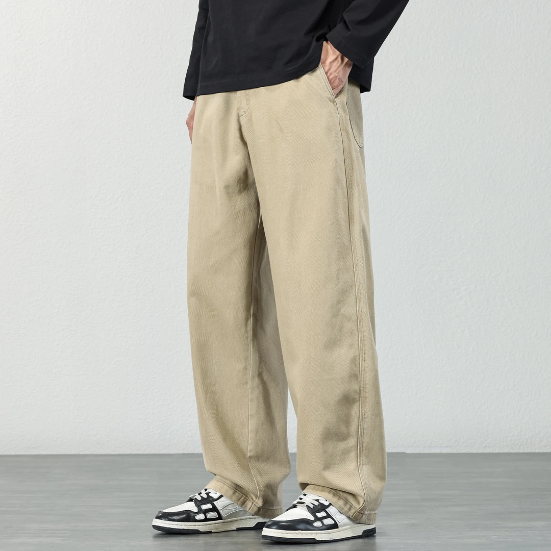 莱赛尔卡其色休闲裤男士宽松百搭阔腿长裤2025秋冬新款加绒直筒裤