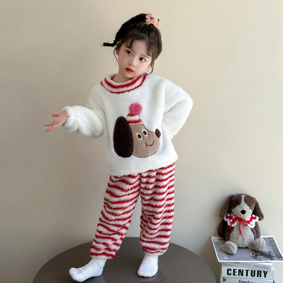 女童睡衣秋冬款珊瑚绒条纹套装儿童女孩宝宝加厚法兰绒家居服冬季