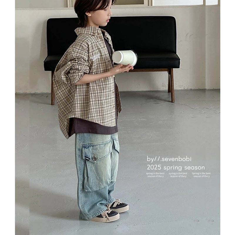 【现货】男童衬衫外套春秋款2025新款中大童儿童百搭帅气格子衬衣