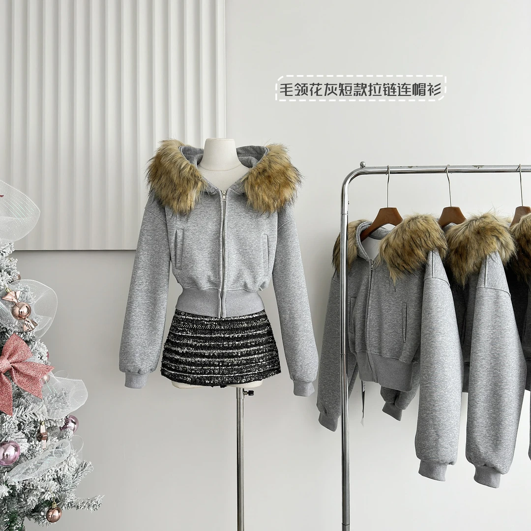灰色真毛领花灰短款拉链连帽衫美式修身加厚井迪秋装外套针织衫