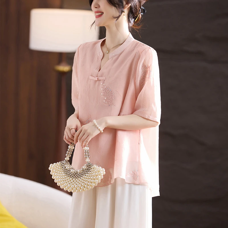 中国风妈妈款夏装洋气小衫上衣2025新款中老年女装显瘦遮肚子T恤