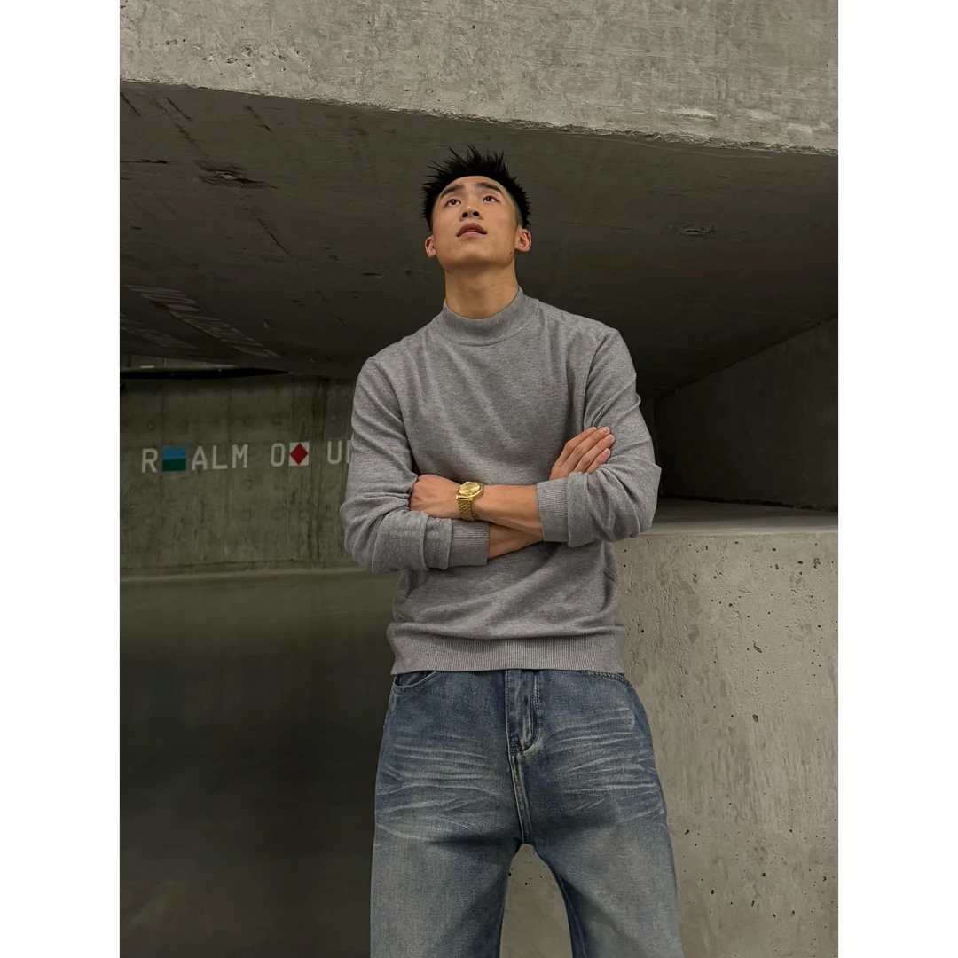 SFANG 秋冬季美式百搭保暖亲肤舒适纯色半高领灰黑色毛衣男羊毛衫