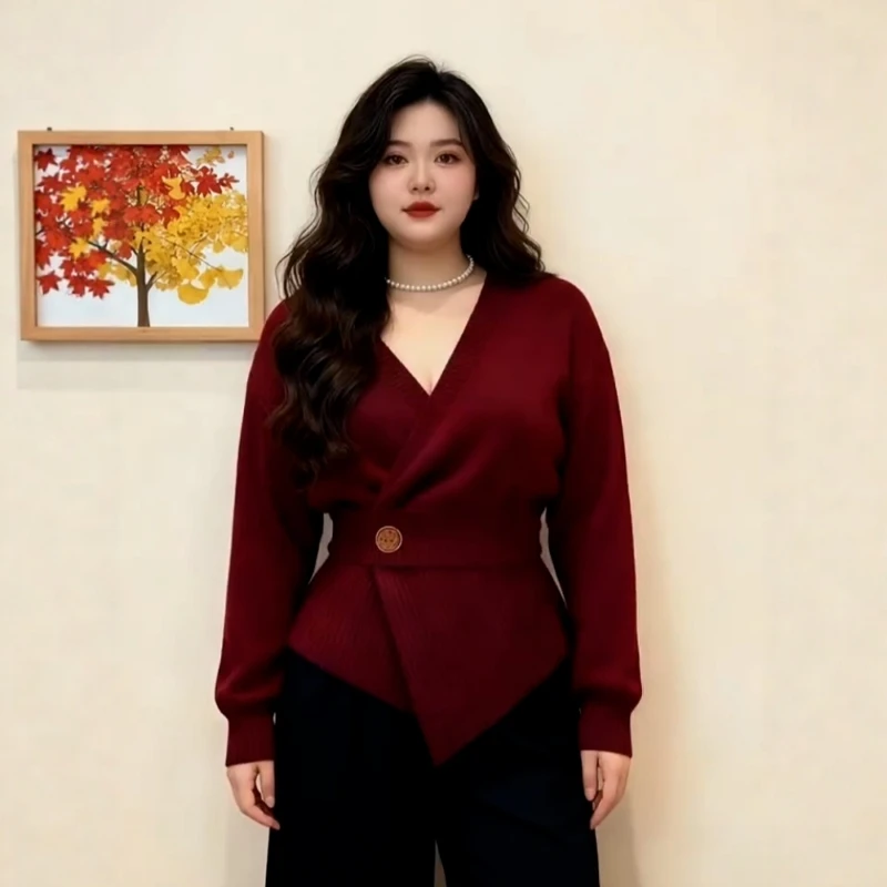 大码绝美酒红色收腰V领毛衣针织衫女秋冬装巨好看显瘦针织衫上衣