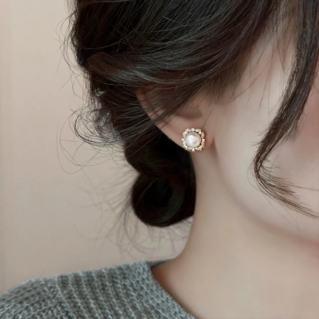 铜合金耳饰 时尚锆石珠珠耳钉小众设计高级耳饰气质耳环F1619