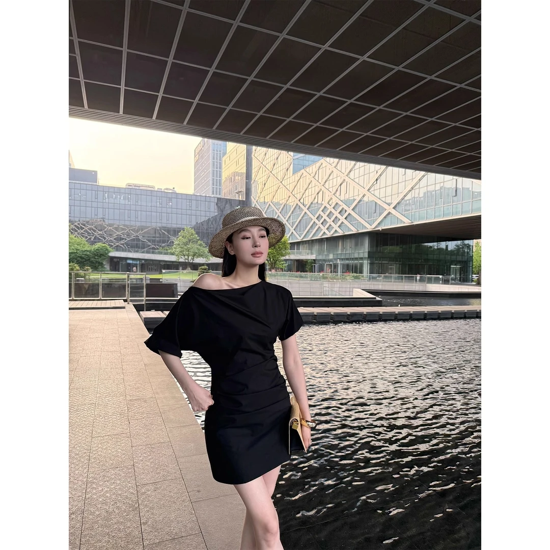 【艺展缪斯裙】斜肩两穿短款裙子 夏季法式连衣裙女