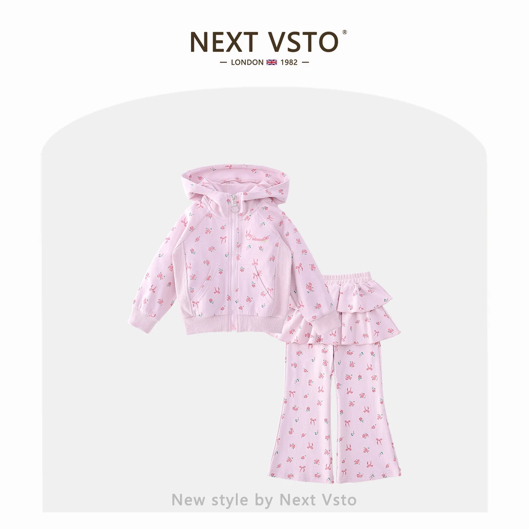 英国NEXT VSTO女童蝴蝶结碎花套装春秋洋气女宝宝连帽外套喇叭裤
