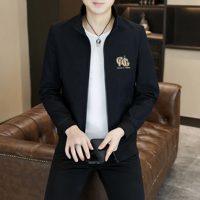 长袖拉链春秋季立领夹克薄款休闲帅气时尚印花男装上衣百搭外套潮