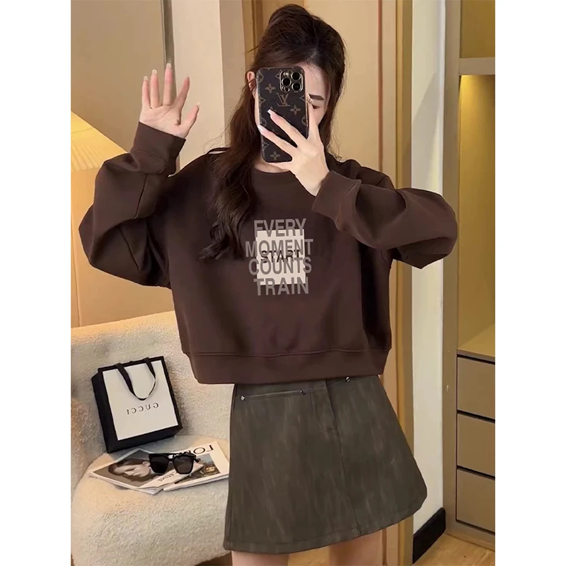 春秋薄款卫衣女宽松短款高腰2025新款早秋圆领无帽小个子加绒上衣