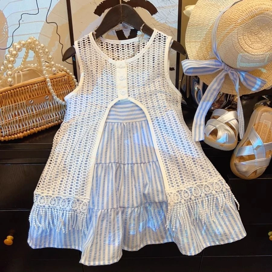 2025新款韩版镂空度假开衫吊带条纹长裙夏季连衣裙两件套