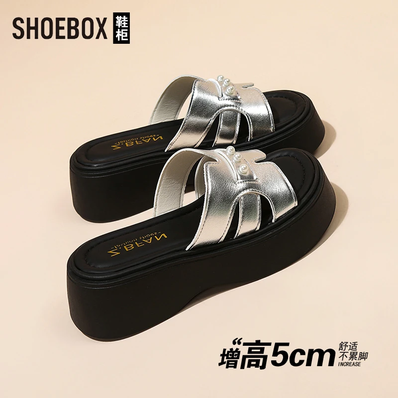 达芙妮集团旗下银色厚底凉拖鞋女夏外穿2025新款配裙子一字凉拖鞋