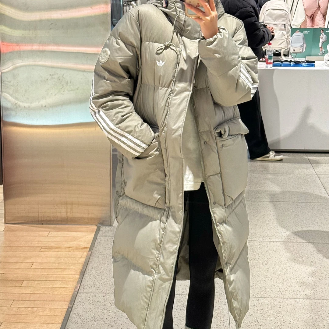 adidas三叶草暖「芯」科技保暖长款运动鸭绒连帽羽绒服 KF3698