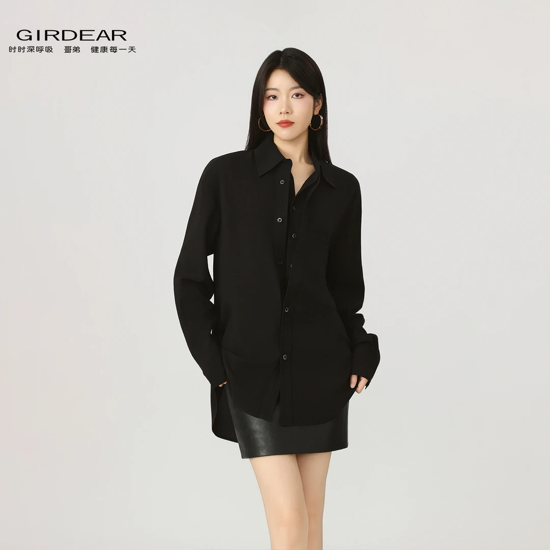 哥弟女装新款时尚简约假两件百搭通勤风造型感黑色长袖衬衫130080