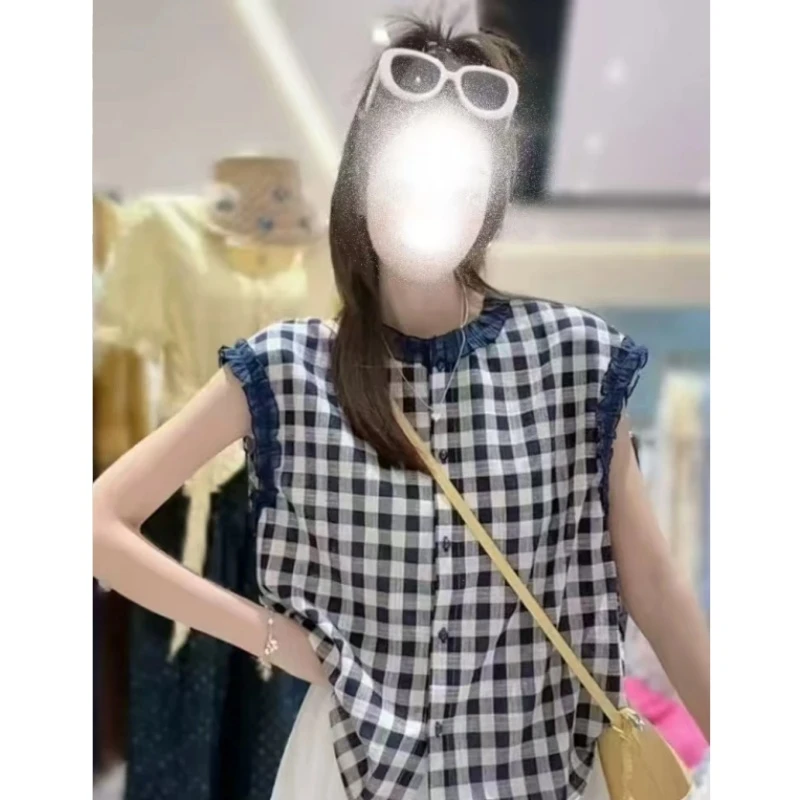 复古蕾丝无袖格子衬衫上衣女夏季新款无印风宽松显瘦百搭背心小衫