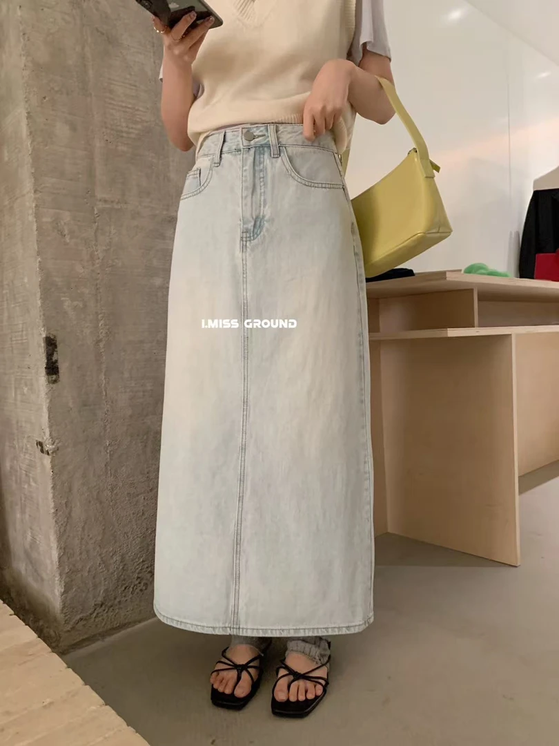 imiss@5279 （裙长92）韩系百搭复古高腰后开叉A字牛仔半身裙 7-5