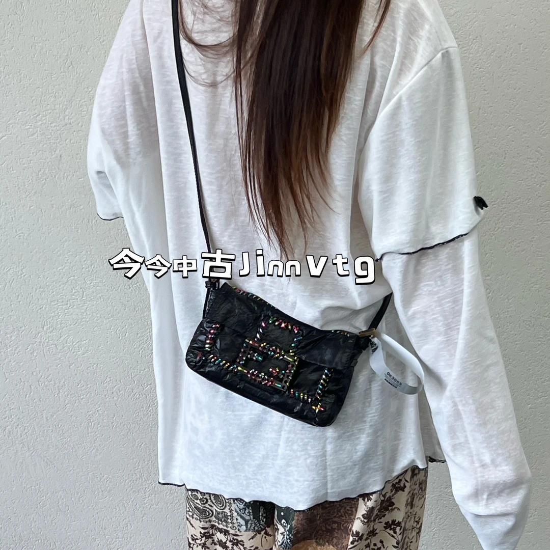 95新 FENDI/芬迪 编织滚边迷你法棍中古菱格双肩带单肩包ins黑色