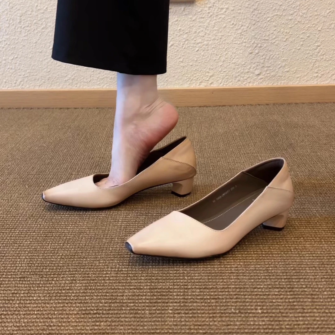 Pokoy-4.5cm浅口方头粗跟单鞋女低跟一脚蹬平跟鞋外穿