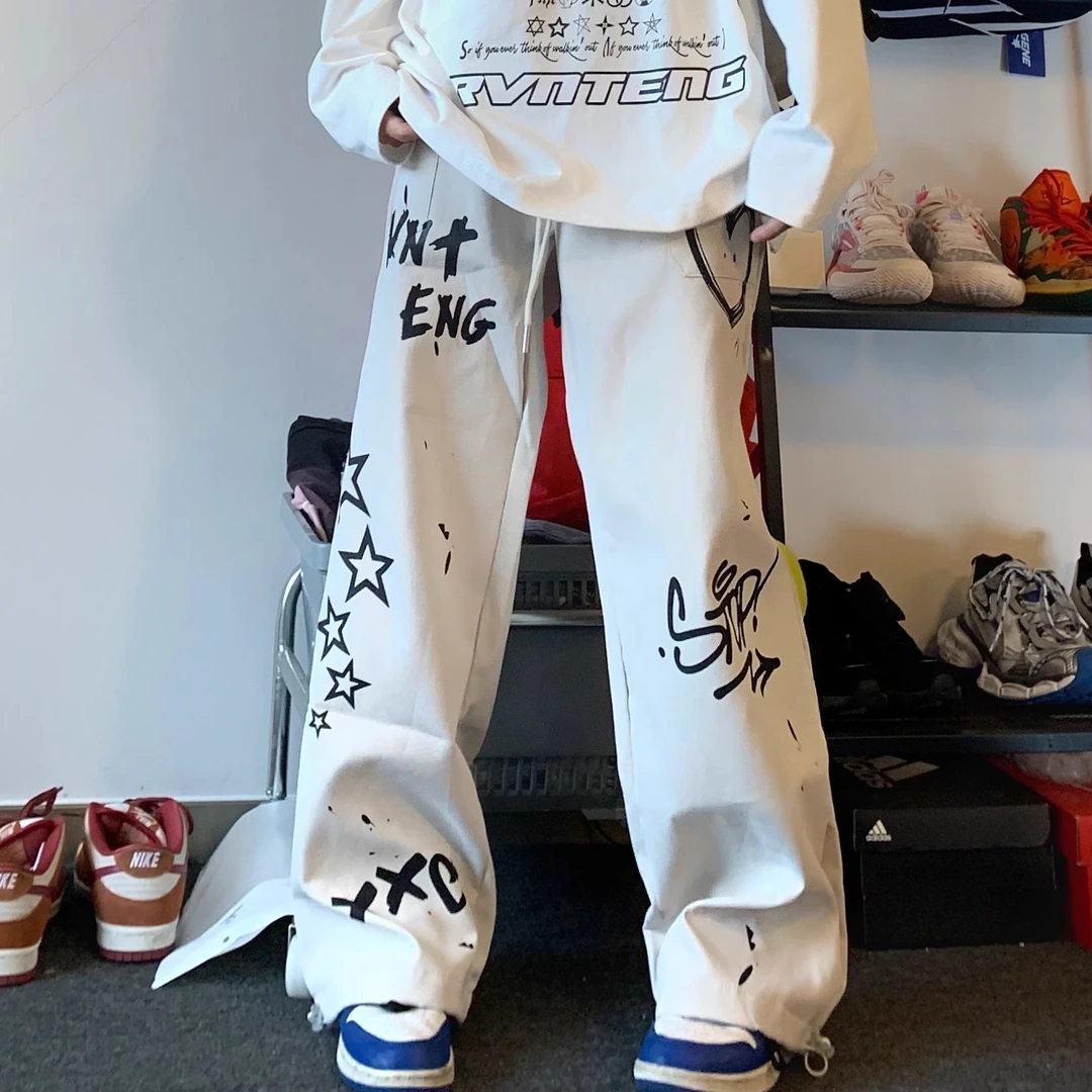 龙特大码300斤涂鸦抽绳休闲裤男女装春秋街vibe宽松直筒阔腿裤子