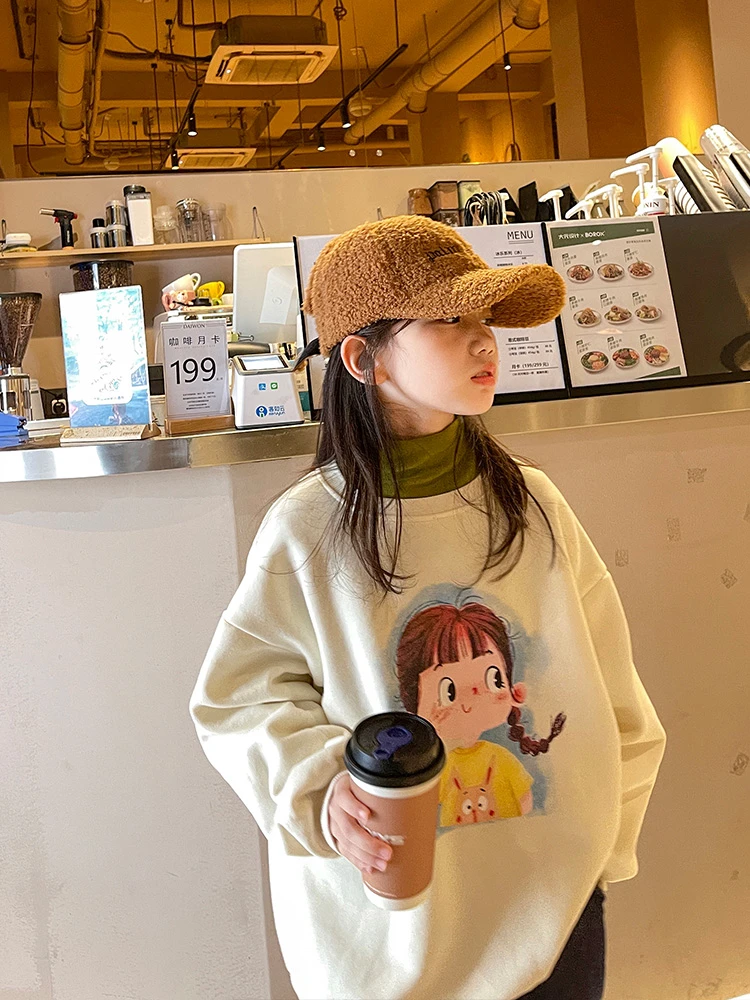 女童卫衣加绒加厚秋冬中大童洋气卡通圆领上衣TX058